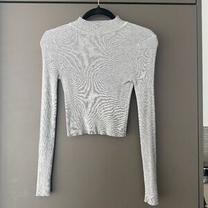 Grey Ribbed Long Sleeve Mock Neck Top Size S